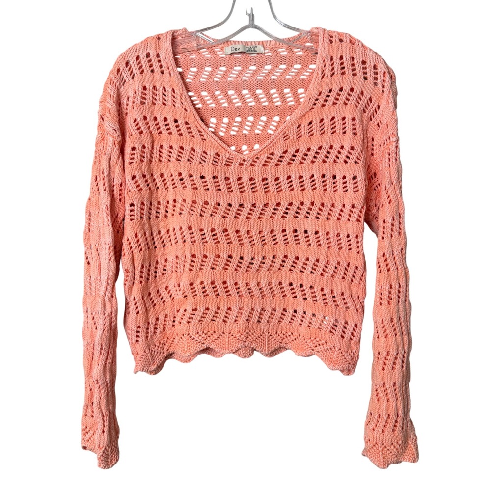 Dex Sweater Womens XS Peach Coral Cotton Open Knit V Neck Scalloped Hem
